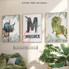 Custom Canvas Wall Art - Personalized Dinosaur Wall Art, Boys Room Decor, Set Of 3 Prints, Custom Name Poster, Dinosaur Print, Nursery Wall Art, Dinosaur Decor Frameless, High Quality Material, Unique Gift Idea Gifts Birthday Graduation Optional Frame,Graphic Print - Multicolor - View 2