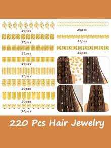 220pcs Summer Gold Hair Accessories, Loc Jewelry For Braids, Women's Hair Jewelry, Metal Hair Ring Cuff For Dreadlocks Accessories, Hair Braid Beads Decoration Boho