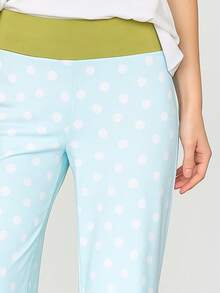 Boho Retro 90's Style Stripe Floral Drawstring Fold Over Band Wide Leg Lounge Pants - Mint Dot - View 3