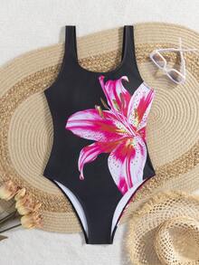 Women's One-Piece Bikini Swimsuit With Large Flower Pattern, Popular In Europe And America, One-Piece Swimsuit - Black - View 1