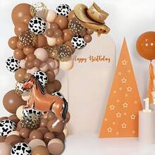 100pcs Western Cowboy Horse Racing Theme Balloon Garland Set, Brown, Beige Balloons With Brown Horse And Hat Balloons, Suitable For Farm Birthday Party, Harvest Party, Horse Race Party Decoration - Multicolor - View 4