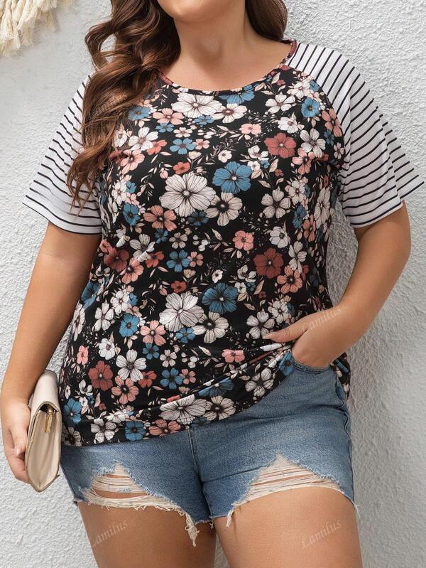 Blusas de verano de talla grande para mujeres: camisetas de manga corta con estampado floral, raglán a rayas de cuello redondo, túnicas con bloqueo de color, corte holgado