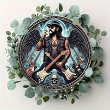 1 Pc 8" X 8" 2D Flat Lemmy Kilmister Band Wall Art Metal Sign - Round Metal Decor With Winged Guitar Player & Skull Design, Durable, Wind-Proof, Water-Resistant, Suitable For Home, Office, Bar, Cafe, Indoor/Outdoor Use, Great For Room Decoration, Random Hole Style