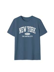 女士夏季字母印花宽松休闲T恤，日常休闲百搭时尚。印花T恤，度假必备。 - 霧霾藍 - 查看 6