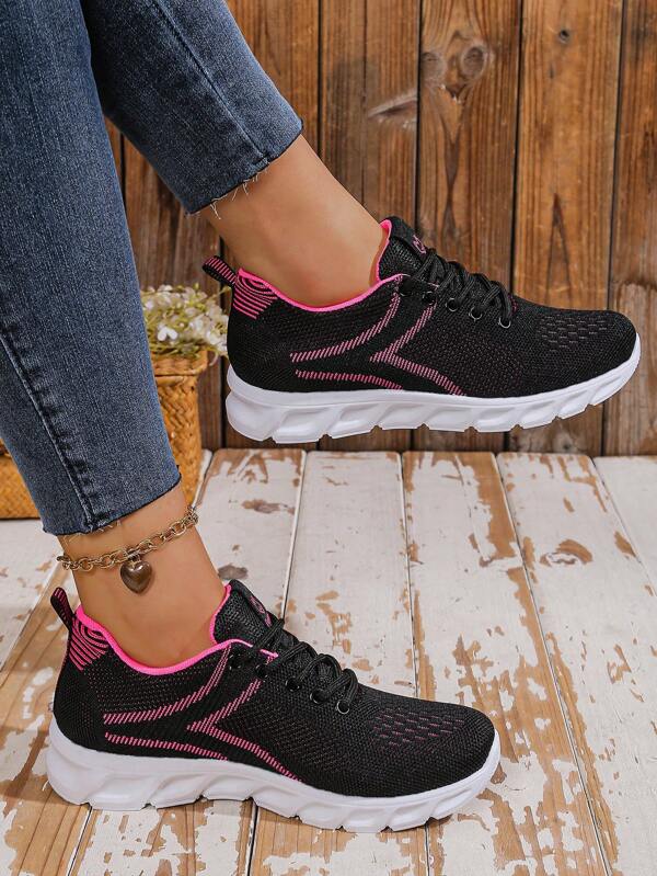 ¡Diseño de suela gruesa! Zapatos deportivos tejidos para mujeres, diseño de color contrastante, ligeros y transpirables, de moda y cómodos, esenciales para el uso diario casual