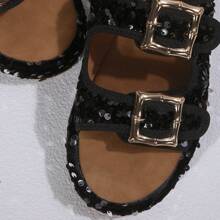 Women's New Thick Sole Sandals, Sequined Upper Design, Textile Upper, Cork Insole, Rubber Outsole, Suitable For Casual, Fashion, Beach, , Sexy Textile Strap Flat Sandals For Beach, Wedding, Party, Outdoor, Office, Summer