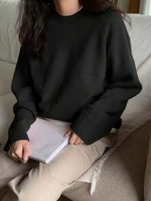 Liuhan Fashions Women's Casual Solid Color Raglan Sleeve Regular Fit Sweater Autumn Winter Thick Warm 2025 New Arrival - 黑色 - 查看 2