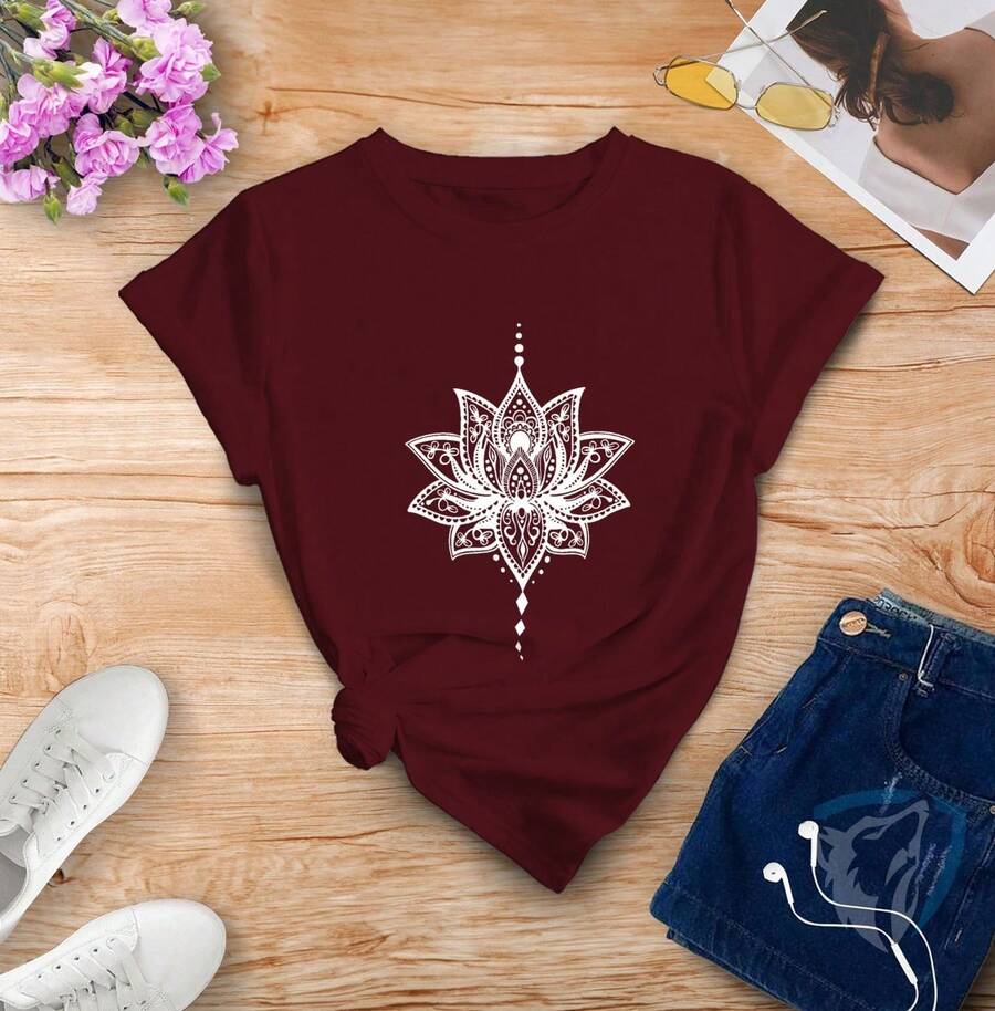 Vintage Delicate Cute Beutiful Lotus Flower Printed Women's T-Shirt - 紫紅色 - 查看 1