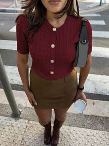 FOR BEAUTY Spring/Summer New Red Twist Flower Round Neck Button Short Sleeved Knitted Cardigan Tops, Simple Temperament, Commuting Style New Year Sweater Jacket - Red - View 4