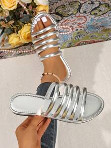 Women's Flat Sandals, Striped Shiny Slides, Fashion Comfortable Sandals, Open Toe Chunky Straps Versatile, Slip On - Silver - View 3