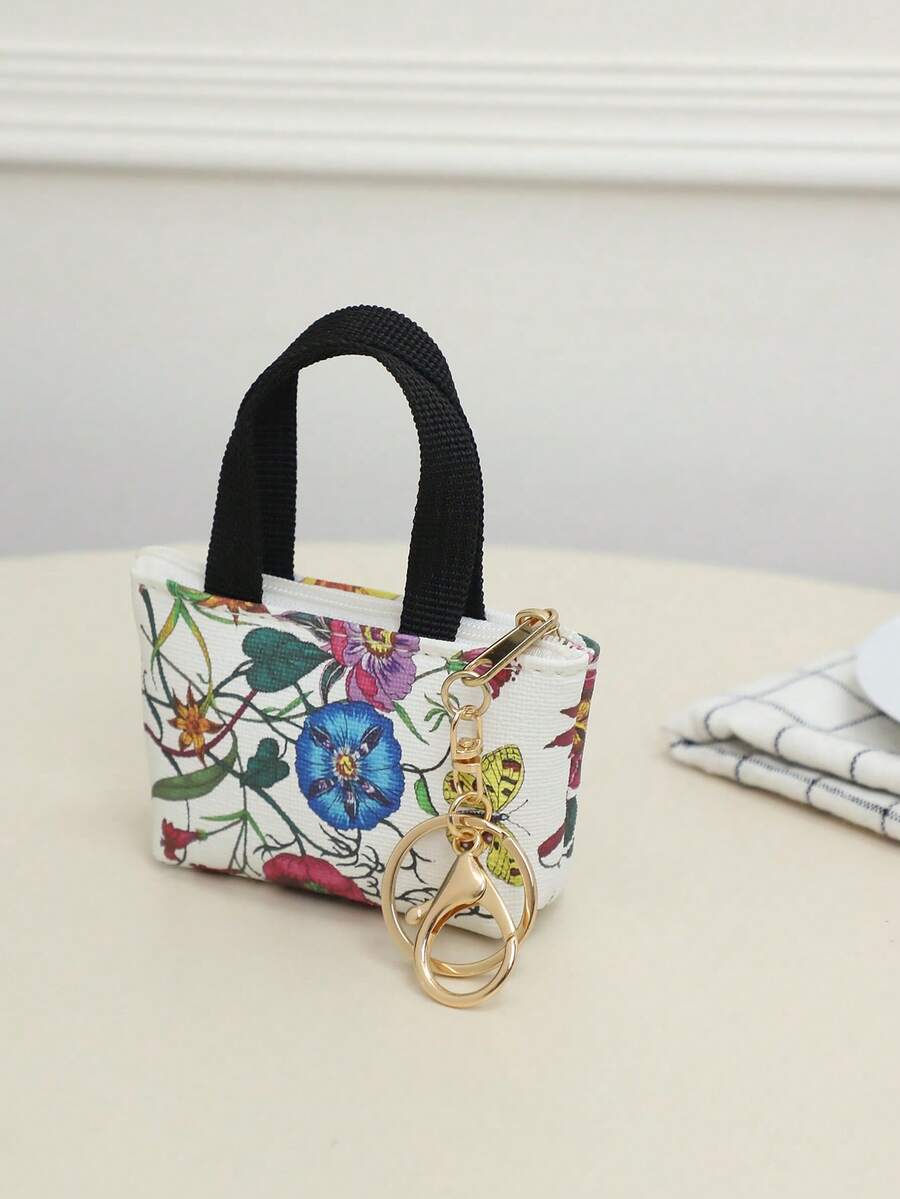 1pc Super Mini Handbag, Fashionable Geometric Patchwork Keychain Pendant, Floral Pattern, Y2K Goth Style - Multicolor - View 1