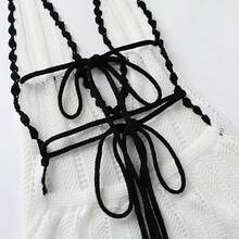 Women's Summer Vacation Contrast Color Trim Backless Halter Knit Dress - Black and White - View 5