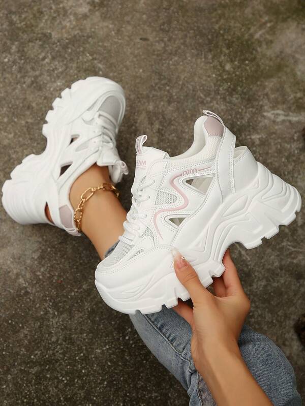 8cm High Heel Breathable Mesh Sneakers, Pink, New Design 2025, Thick Sole, Casual Increased Height Sports Shoes For Women