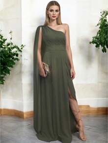 Vestido Elegante Asimetrico con Abertura Lateral y Holgado de la Parte Inferior Hombro Descubierto con Capa - Verde militar - Ver 3