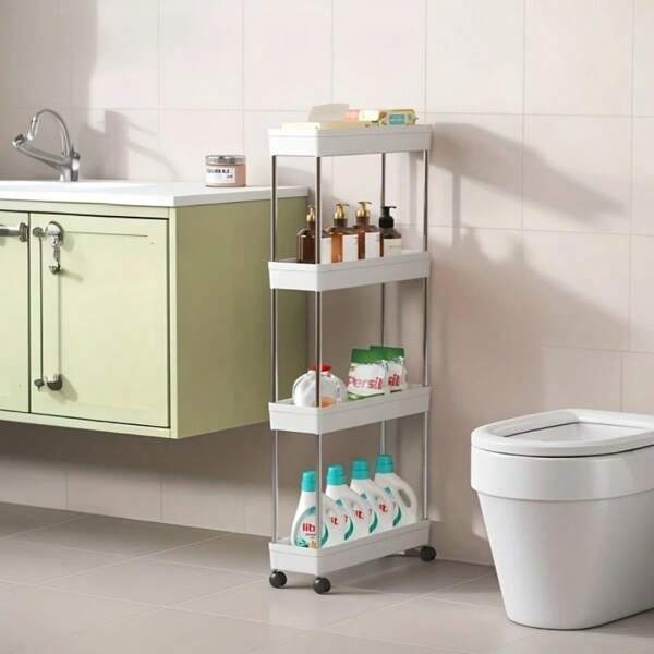 Carrito de almacenamiento enrollable de 4 niveles, raqueta delgada multicapa para cocina, baño y sala de estar - Marco de plástico blanco, fácil de ensamblar, diseño compacto, adecuado para espacios estrechos, carrito de almacenaje de cocina