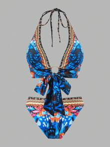 2024新款欧美风女士两件套泳衣，时尚修身性感比基尼，度假沙滩装 - 寶藍色 - 查看 3