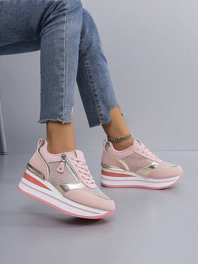 女士厚底户外运动鞋，网眼透气越野跑鞋，四季休闲鞋，适合春秋冬季女学生，卡其色、银灰色、黑色可选