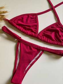 Triangle Bikini With Adjustable Thong Panties - Hot Pink - View 3