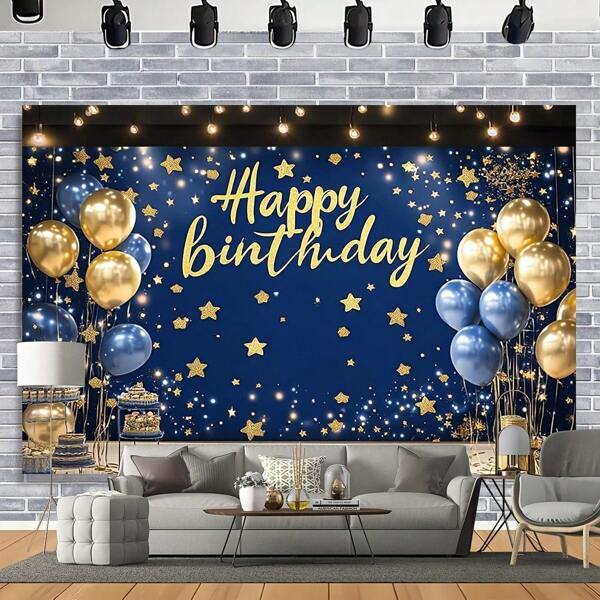 1pc Happy Birthday Banner, Navy Blue And Gold Balloon Design Made Of Polyester Fiber, Multi-Functional Seasonal Decor For Living Room, Bedroom, Studio - No Power Or Battery Required, Royal Backdrop, Modern Minimalist, Enhance Modern Home Style