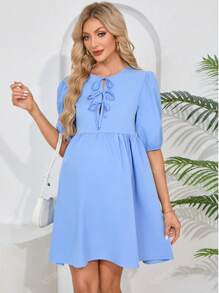Vestido casual com amarração frontal lisa e franzido para gestantes