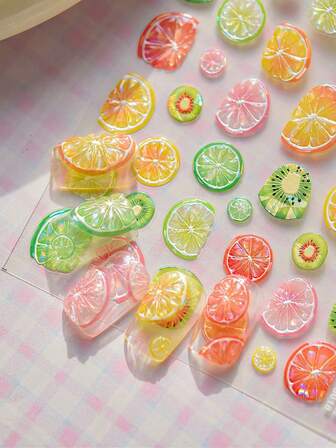 1 Sheet 5D Jelly Nail Art Sticker Kawaii Mixed Sweet Summer Hami Melon Orange Fruit Slice Adhesive Nail Decoration Self-Adhesive Slider For DIY Nail Salon