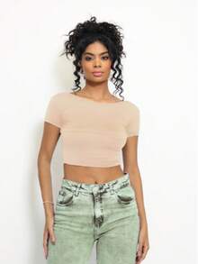Short Sleeve Blouse With Fully Exposed Back - Blouse With Fully Open Back - Màu Be Nude - Xem 2