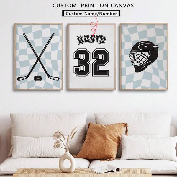 Conjunto de 3 peças de arte de parede em tela personalizada - impressões personalizadas de hóquei, arte de parede de hóquei no gelo, decoração de quarto de meninos, nome e número personalizados, presentes de hóquei, arte de parede para berçário de meninos, bege e verde - sem moldura, material de alta qualidade, ideia de presente exclusiva, presentes de aniversário, formatura