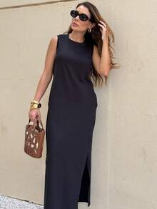 Women's Long Dress With Scoop Neck And Side Slit Elegant Fashion - 黑色 - 查看 6