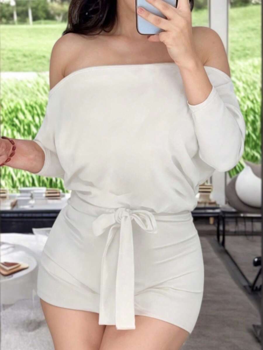 Short Off-The-Shoulder Jumpsuit With Belt Detail - White - View 1