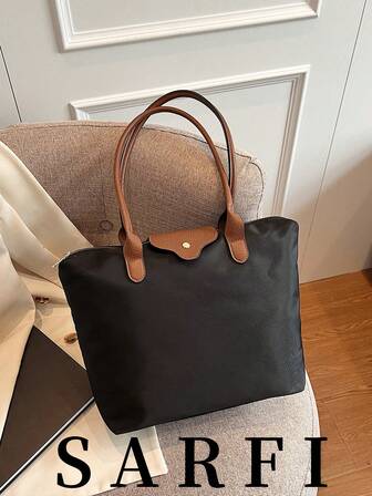 时尚简约撞色女士手提包，经典双肩带单肩包，高级简约撞色扣饰单肩通勤包，拉链开合多功能大容量收纳腋下包，高级小众耐磨面料单肩包，适合送给朋友、逛街、约会、出差、旅行度假