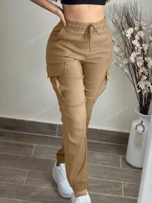Plus Size Women Fashion Solid Color Casual Drawstring Waist Cargo Pants With Pockets