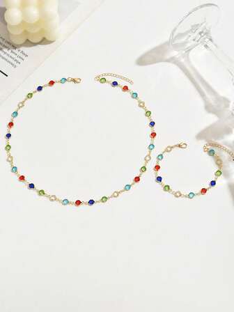 Fashionabla och mångsidiga eleganta färgglada strasshalsband och armbandsset