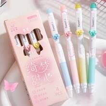 Set de 4 bolígrafos borrables retráctiles, con diseño de dibujos animados lindos, clip largo, agarre suave ergonómico, borrador incorporado, escritura suave, tinta mejorada para colores vívidos