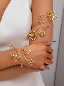 1 Set Metallblumen Armreif & Armband, einzigartiges hochwertiges Design, elegant & vielseitig, geeignet für Frauen für den täglichen Gebrauch, Partys, Urlaub, Veranstaltungen, Hochzeitsaccessoires