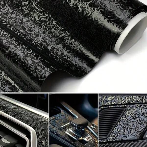 Película adhesiva con patrón 3D de fibra de carbono: película termo-reactiva de PET forjada del universo Yuan que cambia de color, resistente a altas temperaturas, película mate negra para modificación DIY de carrocería de motocicleta