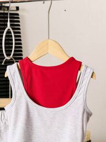 2pcs/Set Girls Casual Faux Two Pieces Colorblock Letter Print Sleeveless Top And Mini Skirt Set