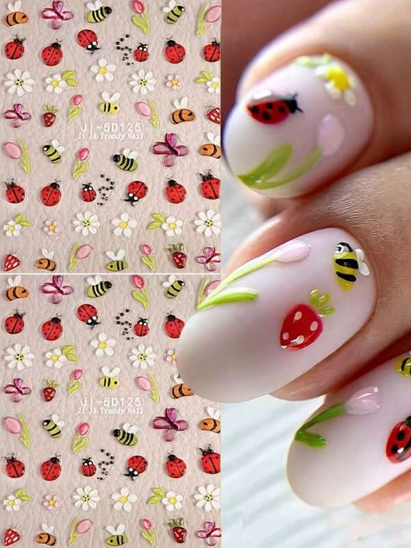 2 piezas Pegatinas de uñas 5D con abeja y flor adorables, sliders de uñas 3D autoadhesivos con diseños de mariquita, mariposa, fresa, elegantes con margarita y tulipán, decoraciones de arte de uñas DIY