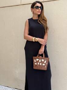 Women's Long Dress With Scoop Neck And Side Slit Elegant Fashion - 黑色 - 查看 2