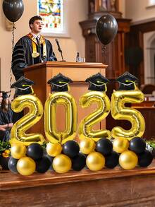 40 件/套 2025 毕业派对装饰套装 - 包含 35 件 | 32 英寸金色数字气球“2025”（80 厘米高）| 黑色迷你毕业帽气球 | 10 英寸黑色和金色乳胶气球 | 毕业主题装饰 | 教室欢送仪式/照片背景 - 金色2025 - 查看 1