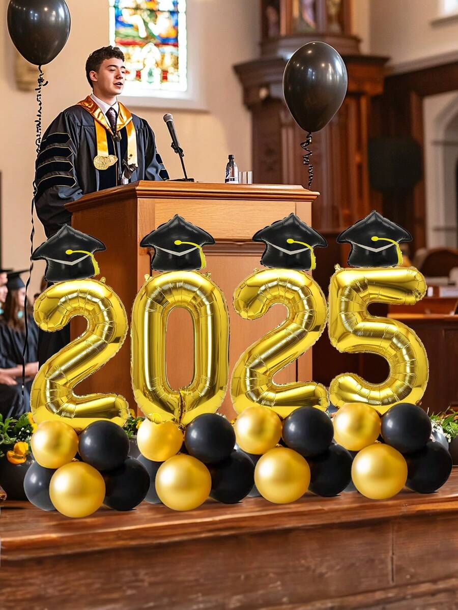 40 件/套 2025 毕业派对装饰套装 - 包含 35 件 | 32 英寸金色数字气球“2025”(80 厘米高)| 黑色迷你毕业帽气球 | 10 英寸黑色和金色乳胶气球 | 毕业主题装饰 | 教室欢送仪式/照片背景 - 金色2025 - 查看 1