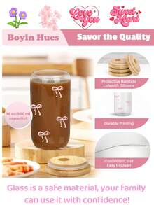 2个带盖和吸管的玻璃杯，带盖和吸管的冰咖啡杯，透明可爱冰沙果汁杯，波霸珍珠奶茶杯，冷热饮水杯，粉色蝴蝶结旅行杯 - 彩色 - 查看 7