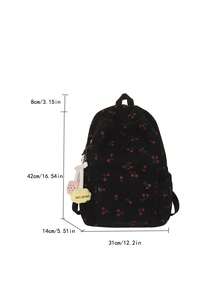 1pc Black Corduroy Casual Fresh Style Cherry Blossom Print Large Capacity Foldable Lightweight Multi-Pocket Zipper Backpack, Suitable For Teenagers, Middle/High School/College Students, Graduates, Daily School/Work/Shopping/Travel/Gift For Spring, Back To School - Black - View 3
