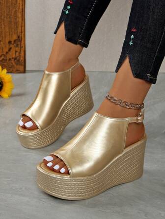 Elegant Ladies Open Toe Wedge Sandals, Casual Thick Bottom Sandals, Comfortable Buckle Strap Sandals