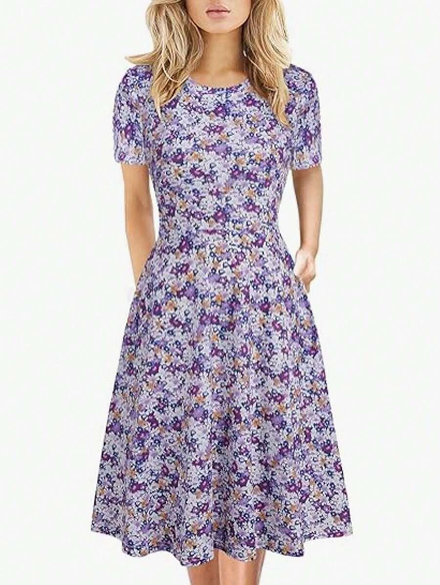 Elegant Casual Vacation Bohemian All Over Tiny Ditsy Floral Knit Fabric Pockets Dress, Suitable For Elegant Casual Office And Daily Wear, Spring/Summer