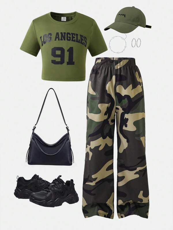 2pcs/Set Girls Spring/Summer Fashion Outdoor Casual Letter Print Cropped Top & Elastic Waist Camouflage Wide Leg Pants, Children Summer Comfortable Breathable Outfits