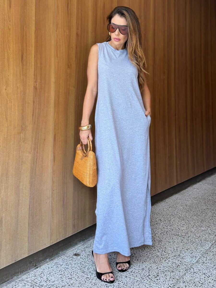 Women's Long Dress With Scoop Neck And Side Slit Elegant Fashion - 灰色 - 查看 1