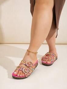 ROULVXIANG New Black Glass Rhinestone Glitter Flat Slide Slippers, Fluffy Wedge Sandals, Outdoor Platform Slip-On Flat Sandals For Women,Spring Summer Outfits - Multicolor - View 5