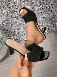 Sandales élégantes à large sangle, sandales gracieuses noires pour dames - Sangle de cheville confortable et respirante, talon épais, semelle en caoutchouc, chaussures pour toutes les saisons, talons hauts d'été