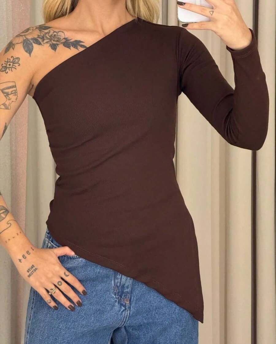 Women's Asymmetrical One Shoulder Ribbed Elegant Blouse - 鏽棕色 - 查看 1