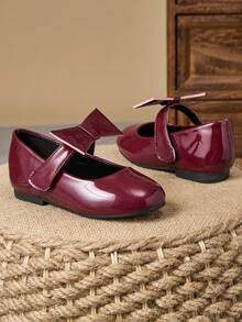 1 Pair Girls School Leather Shoes, Princess Performance Shoes, Round Toe Plaid Bow Soft Leather Pageant Flats, Cute & Fashionable - Burgundy - View 4